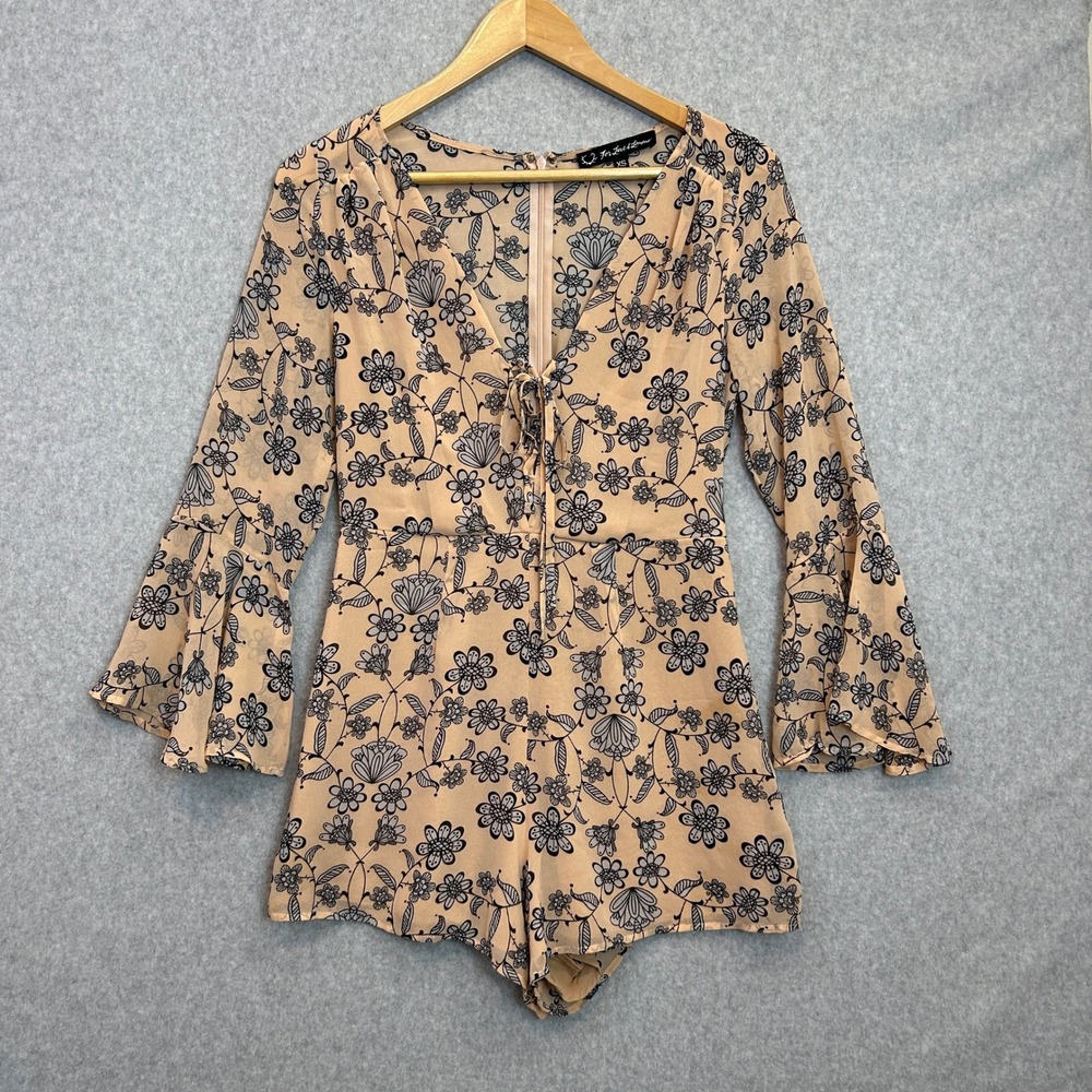 For Love & Lemons Pia Floral Romper Peach Bell Sleeve Boho Hippie Festival Sz XS